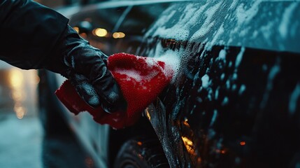 closeup of gloved hand washing black car with red rag and detergent with foam ÃÅ“ÃÂµÃÂ½