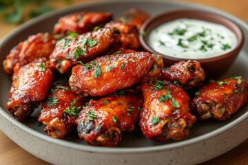 Spicy chicken wings, ranch dip, wooden table