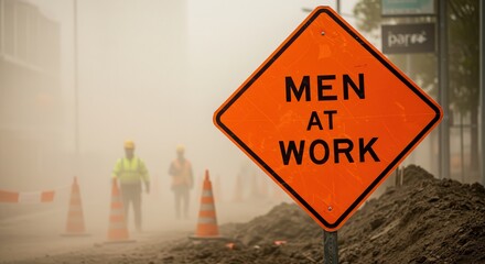 Men at Work Sign Near Construction Site with Workers