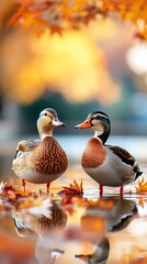 Ducks autumn park pond reflection nature