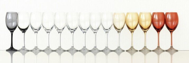 Colorful Wine Glasses Gradient Arrangement - Elegant wine glasses arranged in a vibrant gradient, symbolizing celebration, taste, sophistication, variety, and artistry