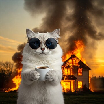 kitten with sunglasses drinking coffee and a house on fire in the background, nothing gets in the way of my coffee time, meme style