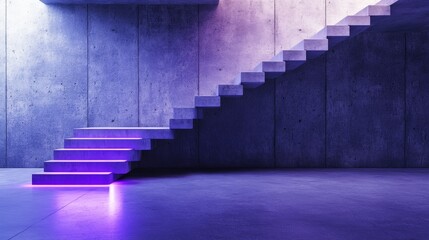Naklejka premium Concrete Staircase in Purple Lit Room - Modern architecture, concrete stairs, purple neon lighting, minimalist design, upward movement. Symbolizing: progress, ambition, mystery, innovation, ascension