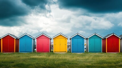 Obraz premium Fishing sheds in a row under clouds