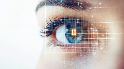 A macro close-up of a human eye with glowing digital overlays and numerical data creating a futuristic cybernetic vision concept  
