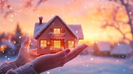 High-tech systems safeguarding homes from the cold. A cozy house in female hands, against a vivid spring sunrise with bright pink and orange hues.
