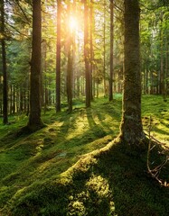 A vibrant green forest with towering trees, soft moss-covered ground, and golden sunlight filtering through the canopy. A peaceful and untouched natural environment, symbolizing Earth’s beauty and the