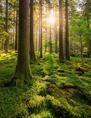 Obraz premium A vibrant green forest with towering trees, soft moss-covered ground, and golden sunlight filtering through the canopy. A peaceful and untouched natural environment, symbolizing Earth’s beauty and the
