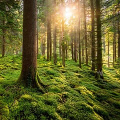 Obraz premium A vibrant green forest with towering trees, soft moss-covered ground, and golden sunlight filtering through the canopy. A peaceful and untouched natural environment, symbolizing Earth’s beauty and the