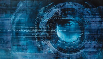 Composite image blue technology interface with binary code, symbolizing futuristic data systems