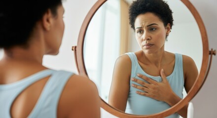 Woman looking reflective while staring at her own reflection in mirror