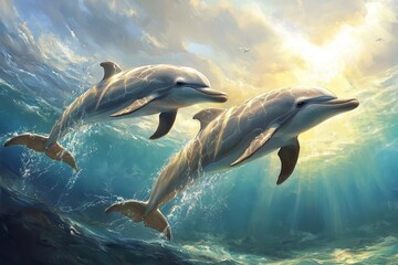Fototapeta premium Dolphins leaping ocean sunset, marine wildlife, peaceful scene, nature poster