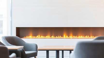 Elegant modern cafe with a recessed linear fireplace and cozy seating