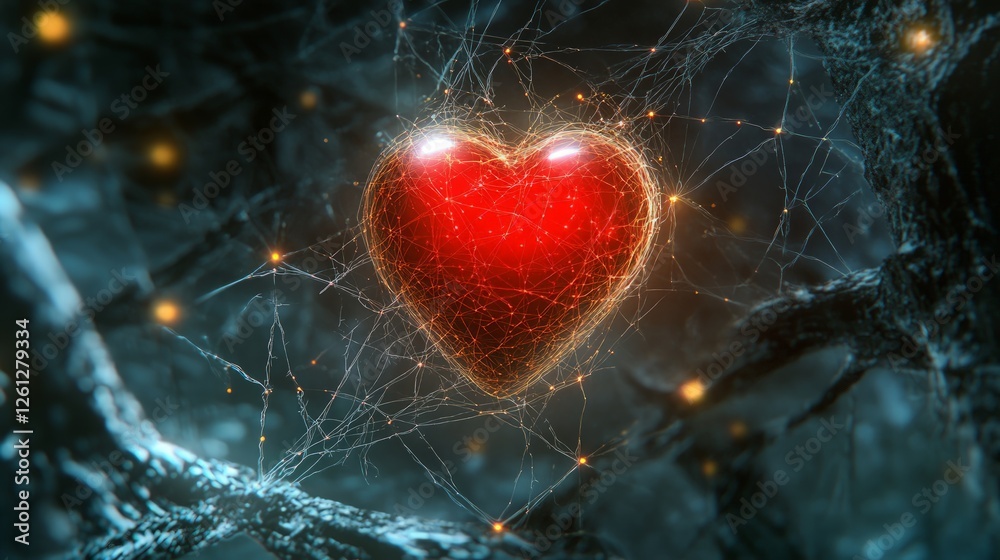 Wall mural glowing heart shape surrounded by digital network connection