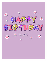Birthday card with inscription and flowers in retro style. purple