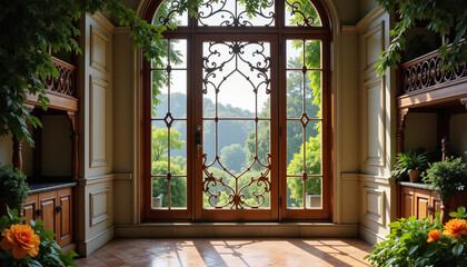 Ornate palace window with crystal panes, dreamy garden view