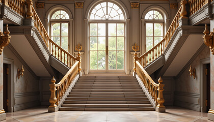 Elegant marble staircase leading to grand palace, serene sophistication