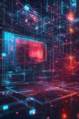 Computer technology low-poly wireframe banner design, featuring software development and freelance design elements for digital posters