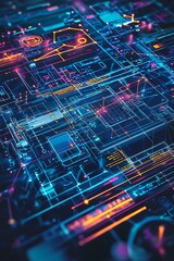 Computer technology low-poly wireframe banner design, featuring software development and freelance design elements for digital posters