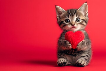 Ad visual idea art. Cute toyger baby feline with fluffy red heart - sign of love, funny greeting card. Toyger - my treasured cat. Red theme cat. Cute pet valentine. Adorable valentine kitten.