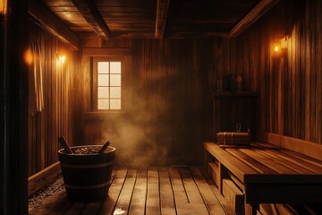 Fototapeta premium Rustic wooden sauna interior with warm amber light