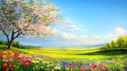Obraz premium A picturesque spring landscape painting, showcasing vibrant flowers in full bloom on the grassy fields under clear blue skies 