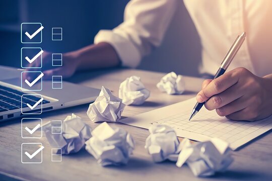 Person working at desk with checklist on laptop and paper balls scattered around.