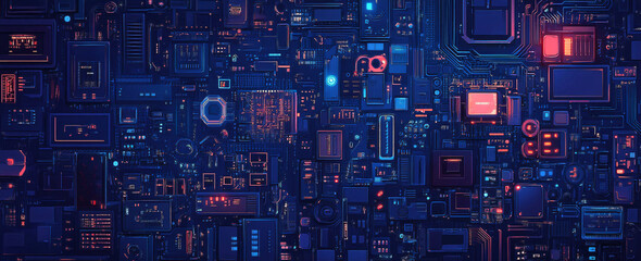a complex circuit board with neon blue and pink lights and intricate patterns on dark background

