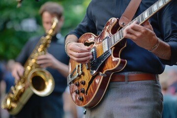 Obraz premium Street Music Performance: Saxophone and Guitar Duo
