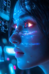 Concept future technology or entertainment system, with a female portrait lit by HUD interface