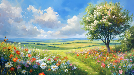Obraz premium A picturesque spring landscape painting, showcasing vibrant flowers in full bloom on the grassy fields under clear blue skies 