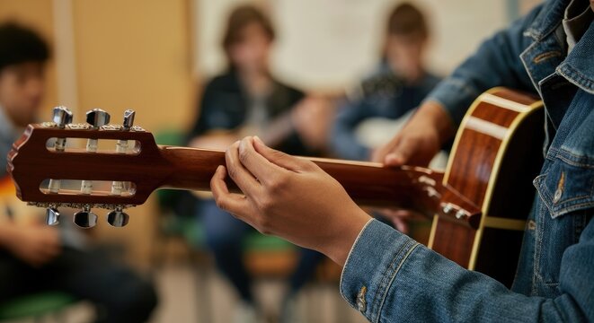 Group of people playing guitar during music session