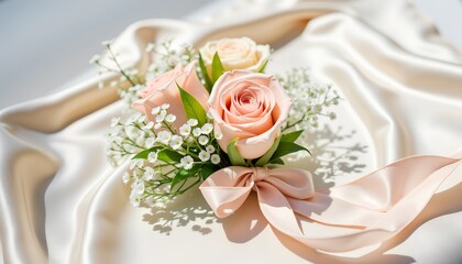 Obraz premium Delicate rose corsage with satin ribbon on silk, soft elegant beauty.
