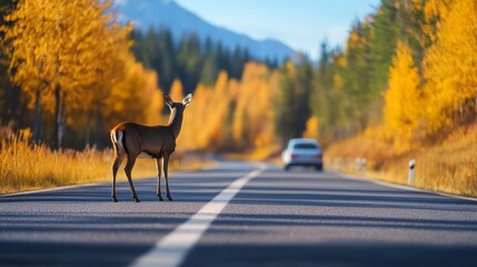 Deer Crossing Autumn Road - A deer stands on a road amidst autumn foliage, symbolizing wildlife, nature, fall season, caution, and rural life