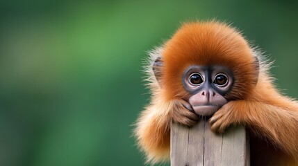 Fototapeta premium Curious monkey resting on a wooden post with bright eyes in a natural setting