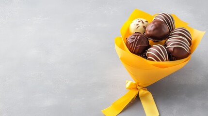 Fototapeta premium Delicious Chocolate Bouquet - A delightful arrangement of assorted chocolate treats, elegantly presented in a yellow bouquet. Perfect for gifting or a special treat
