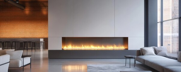 Large linear fireplace in a sophisticated urban loft, blending industrial and modern styles