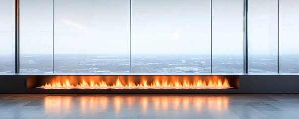 Large linear fireplace in a sophisticated urban loft, blending industrial and modern styles