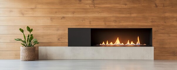 Linear gas fireplace seamlessly integrated into a wood-paneled wall, warm atmosphere