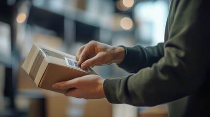 Obraz premium Detailed Package Handling: Courier鈥檚 Hands Scanning Barcode and Managing Package at Delivery Hub, Showcasing Technology Integration and Precision in Logistics
