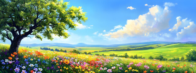 Fototapeta premium A picturesque spring landscape painting, showcasing vibrant flowers in full bloom on the grassy fields under clear blue skies 