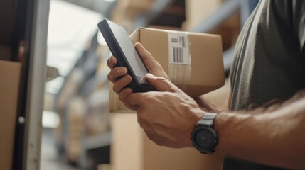 Delivery Driver Scanning Package with Handheld Device Before Loading onto Truck: Showcasing Modern Package Tracking and Logistics Technology