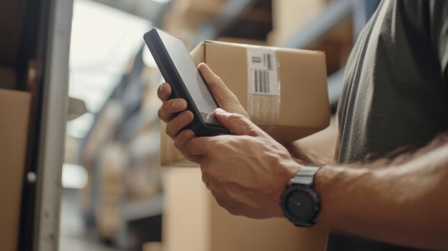 Delivery Driver Scanning Package with Handheld Device Before Loading onto Truck: Showcasing Modern Package Tracking and Logistics Technology