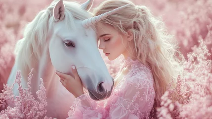 Ingelijste posters Eenhoorn Mystical Woman in Pink Lace Dress with White Unicorn in Enchanted Pink Meadow, Fantasy Fairytale Scene with Soft Magical Glow.  © LotusBlanc