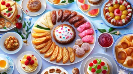 Fototapeta premium Delightful Dessert Platter: A Culinary Symphony - A vibrant array of sweet treats, pastries, and fruit tarts arranged on a decorative platter. Symbolizing celebration, sweetness, artistry, abundance