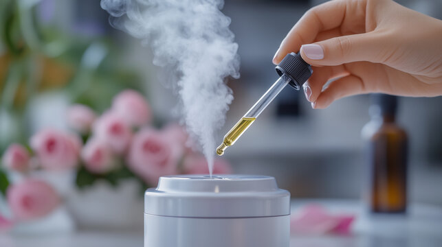 Relaxing with Rose Essential Oil, Aromatherapy Treatment, Using Aromatizer or Humidifier, Spa and Wellness Treatment with Rose Essence for Healing.