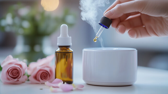 Relaxing with Rose Essential Oil, Aromatherapy Treatment, Using Aromatizer or Humidifier, Spa and Wellness Treatment with Rose Essence for Healing.