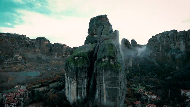 Meteora is a rock formation, represent hill-shaped rounded boulders and have an interesting texture. Greece.
