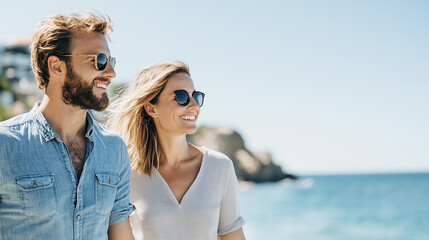 Happy Millennial Couple on Beach, Holiday, Vacation, Enjoying Summer, Fun and Relaxation by the Sea, Work-Life Balance, Retreat, Travel, European Tourist.