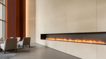 Luxury hotel lobby with a futuristic linear fireplace stretching across the room